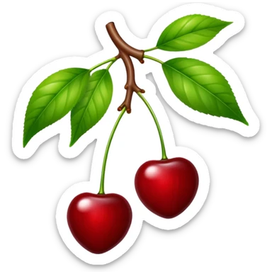 Two glossy red cherries hanging from a wooden branch with green leaves sticker