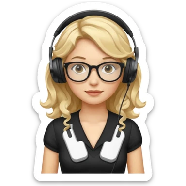 
gamer, woman with blond wavy hair, tight black dress with a white line with glasses, headphone, gamepad sticker
