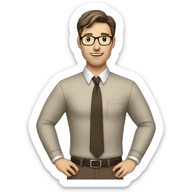 To belt Actively gesturing with hands Pale skinned fit man teacher with dark brown hair in gray jacket, beige office shirt, brown tie, brown pants and vintage glasses. sticker