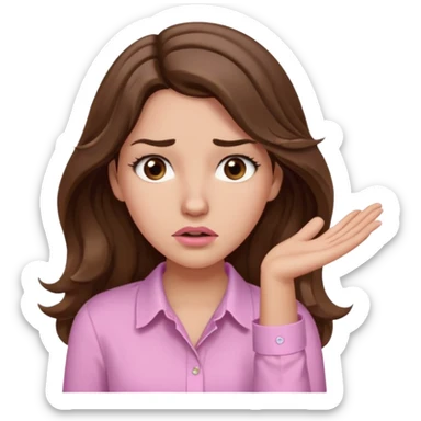 girl with wavy long brown hair, brown eyes, light to medium complexion, long lashes, light pink lipstick, wearing light pink shirt, shrugging with both hands, confused sticker