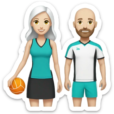 White couple in pickleball black and white clothes. Male bald= beard, white, bald, aqua eyes. Female = long light brown hair, aqua eyes.  sticker