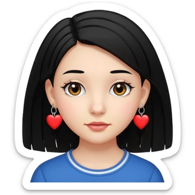 create an i phone emoji of a young 8th grade school girl, with fair skin, heart shape face, has medium length straight black hair and with hoops earrings. sticker