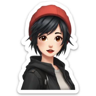 Gorgeous anime style tomboy-lady with blushing face aesthetic and pretty edgy black red punk hair with hair garment trending style sticker