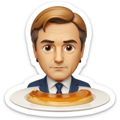 bust of François Fillon sculpted from flan, smooth creamy flan skin, glossy translucent caramel hair dripping, on a white round plate sticker