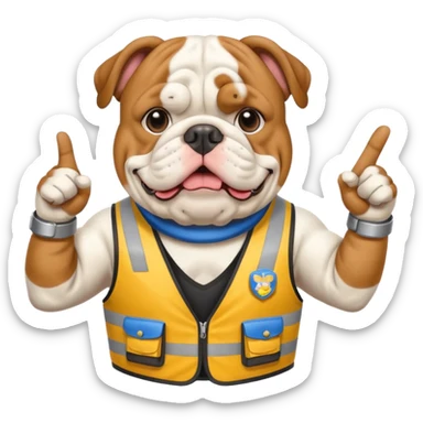 english bulldog pointing at a landmark, wearing a tour guide vest sticker