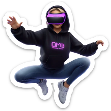 Russian girl wearing black hoody with violet letters "OMG", in vr headset oculus quest2. jumping. Cyberpunk style. Violet neon. sticker