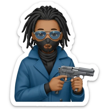 African American man with shoulder length black dreadlocks  wearing black sunglasses wearing a black winter coat wearing a blue hospital mask covering mouth and nose  holding a gun in hand sticker