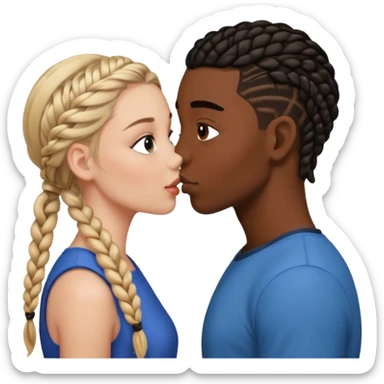 Please create a French kiss between a white girl with braids  and black boy with straight hair sticker