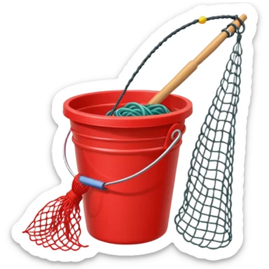 A small red bucket with a fishing net leaning against it.
 sticker