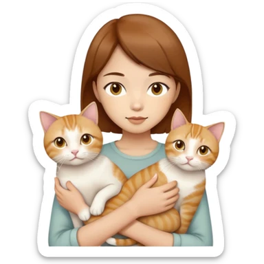 Asian girl, brown hair, brown eyes skin tone beige holding three cats one ginger, one yellow white one British short hair and cream colour sticker