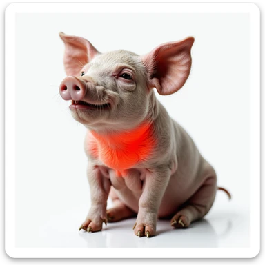 Realistic pig on isolated white background, thyroid area on neck highlighted in red, clear anatomical details, hyperrealism, 4K quality, pig sitting down sticker