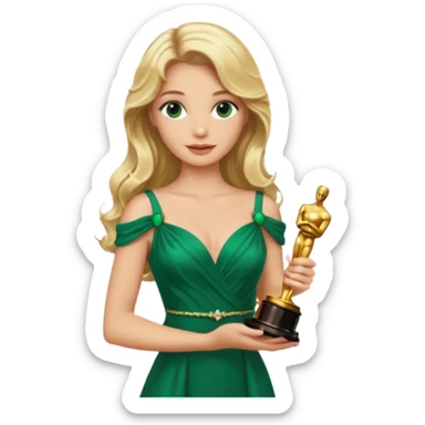 blonde model, brown eyes, long wavy hair, oscars red carpet, emerald green, holding oscar sticker