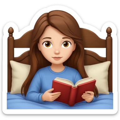 Cozy girl with long brown hair and brown eyes reading in bed sticker