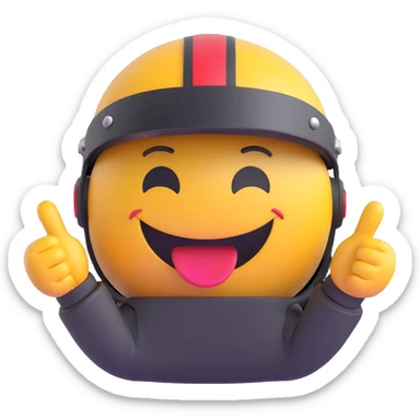 3D smiley emoji, round shape, motorcyclist making rock hand signs: both hands showing rock signs, helmet, funny face sticker