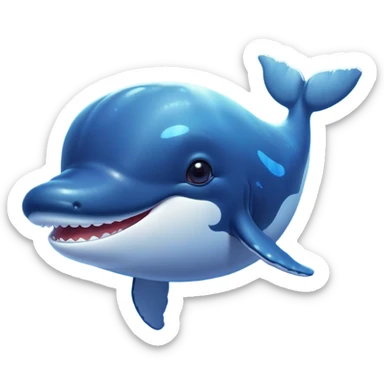 Cinematic Cute Humpback Whale Portrait Emoji, Head tilted playfully and inquisitively, featuring a softly rounded body with bright, sparkling eyes and an adorably expressive mouth, Simplified yet irresistibly adorable features, highly detailed, glowing with a warm, ocean-blue glow, high shine, affectionate and gentle, stylized with a touch of whimsical aquatic charm, soft glowing outline, capturing the essence of a friendly and endearing whale that seems as if it could sing its way into your heart! sticker