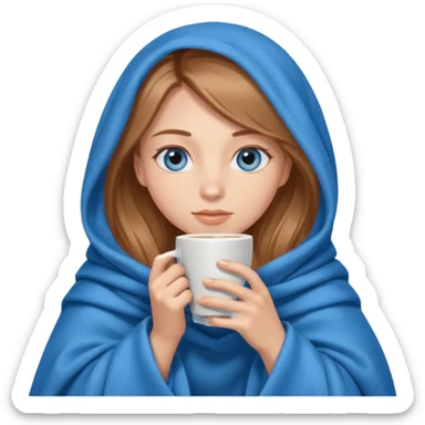 A girl with blue eyes, long eyelashes, very long light brown hair, inside a blue blanket with coffee sticker
