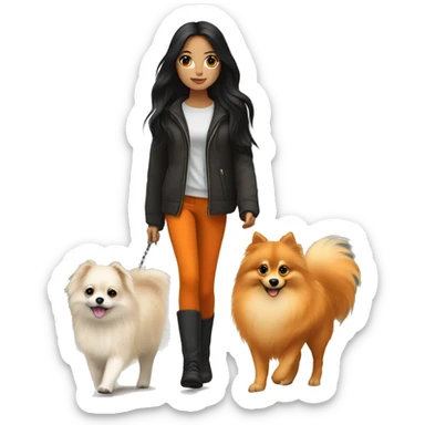 pale girl with long black hair walking with orange pomeranian sticker