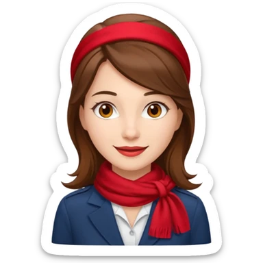 Female flight attendant, with red scarf, white shirt, long brown hair, brown eyes, iOS emoji-type face, fair skin,  sticker