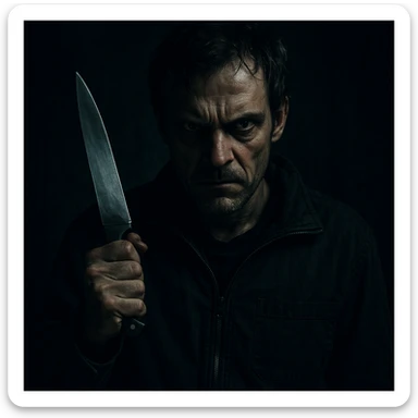 a menacing killer holding a knife, dramatic lighting, intense expression, horror movie vibe sticker
