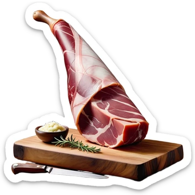 _cinematic-realistic-spanish-ham-leg,-depicted-as-a-massive,-cured-leg-of-jamón-serrano-(ham)-with-a-deep-reddish-brown-hue on the outside,-intricately-marbled-and-slightly-glossy-with-age,-elegantly-displayed-on-a-rustic-wooden-stand-and-bathed-in-warm - jamon prosciutto sticker