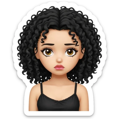 generate a pretty fair bratz girl with black messy curly hair looking sad . Wearing a black cami sticker