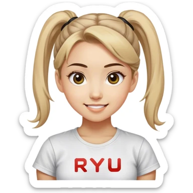 Beautiful girl happy smilling with big eyes, ponytail and "ryu" written on tshirt sticker