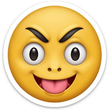 A yellow round face emoji smirking with its tounge out but the eyes are evil and kind of crazy and only one of the eyebrows is raised higher than the other eyebrow sticker