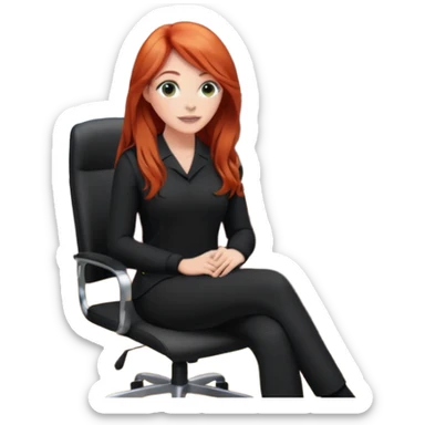 Video call therapy session: red-haired therapist with long hair wearing black minimalist clothing, seated in a professional home office, looking at the webcam; calm, modern teletherapy setting sticker