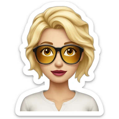 Mujer rubia con el liso pero con volumen y con gafas de oro rosa y ojos miel maquillados. Lleva una camisa moderna sticker