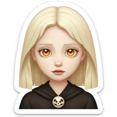 Stylized cult cartoon girl emoji, eerie-cute aesthetic, symmetrical design, subtle spooky vibe, glowing eyes, chanting “AMILK”, bold graphic icon sticker