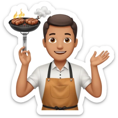 A cheerful man in an apron flipping meat on a sizzling grill with smoke puffing upward. sticker
