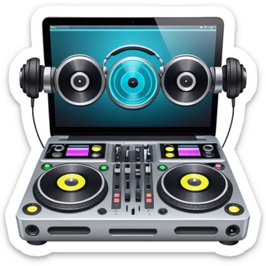 Create a professional and technical emoji that represents remixing music. The design should feature a high-end DJ controller, turntables with vinyl records, and a sound mixing console with faders to symbolize the technical aspects of remixing. Include elements like studio headphones and a laptop or digital audio workstation (DAW) screen to reflect the tools used in music production. Use colors like black, silver, and neon accents to convey the professional, high-tech nature of remixing. The background should be transparent. sticker