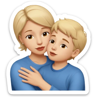 A mother and her young son hug and kiss on the lips. sticker