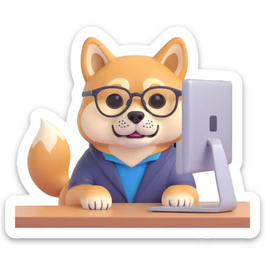 shiba inu with eye glasses and computer sticker