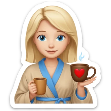 cozy blonde girl with middle length hair and blue eyes holds a brown cup in abeige  robe sticker