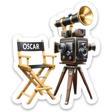 Icon for Directing: a director's chair, a large film camera, a megaphone, a stage set with lights and an Oscar statuette. The icon should represent the creative and leadership aspects of directing, with focus on film and theater production. Transparent background. sticker