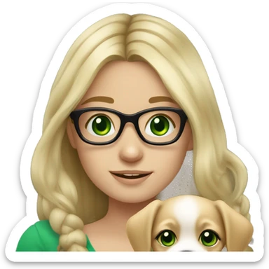 blond long hair girl with black framed glasses slavic face and green eyes smiling holding puppy sticker
