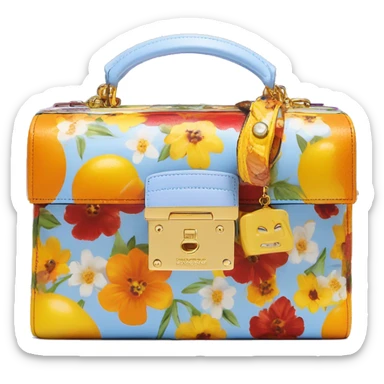 Dolce and Gabbana small box bag with colourful light blue lavender white yellow orange summer print dark red black and golden detais 2023 sticker