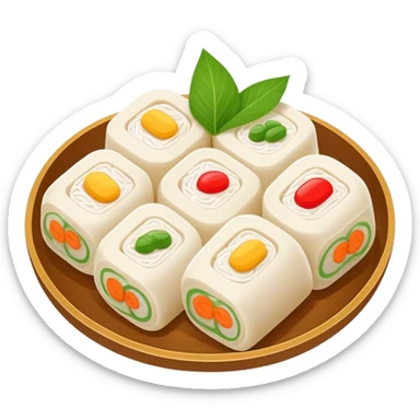Hangzhou Pian Er Chuan steamed rice cake rolls with fillings, simplified emoji style with bold outlines and bright colors, cartoon style local specialty snack sticker