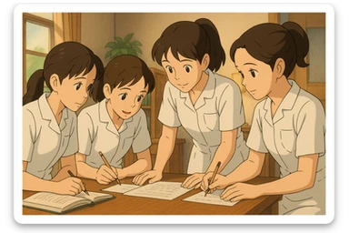 Group of four nursing students working together indoors, white short-sleeve uniforms with V-neck and left chest pocket, bare forearms, long hair tied back, no stethoscopes or collar stand, faces inspired by references, Ghibli style sticker