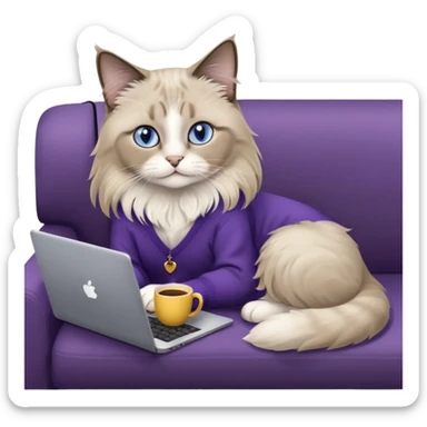 a cute blue eyed brown and white ragdoll cat with white paws and brown and beige tail wearing the dark violet sweater with yellow letteting "Milena" sitting on the grey sofa with grey laptop Lenovo and drinking coffee sticker