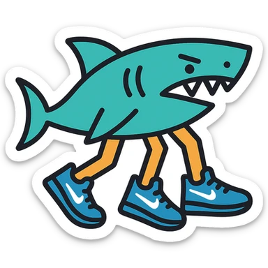 Haz que las zapatillas sean azules, mantén el estilo icono lineal, fondo transparente, el tiburón sigue con tres patas y el logo Nike blanco en las zapatillas. sticker