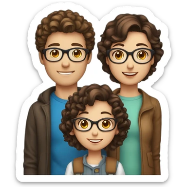 white family group consisting of man with short brown hair and blue eyes, woman wih dark curly hair, boy with glasses and brown hair, 2 girl with brown hair sticker