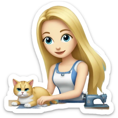 blonde girl with blue eyes working with sewing machine with cat on the floor sticker