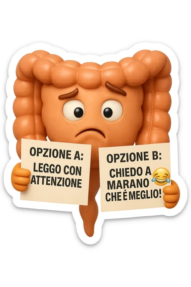 SU QUESTO STILE FAI UN EMOJI STILE IPHONE 3D DI UN INTESTINO CHE HA nella mano destra "OPZIONE A: LEGGO CON ATTENZIONE" E NELLA MANO SINISTRA" OPZIONE B: CHIEDO A MARANO CHE è MEGLIO! (METTICI UNO SMILE CON RISATE QUI)", FAGLI UN ESPRESSIONE CONFUSA MENTRE GUARDA L'OPZIONE A E FALLO MOLTO REALISTICO IN 3D sticker