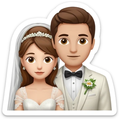 A woman with long brown hair and fair skin, wearing her hair , dressed in a wedding gown with a veil. And a man with short brown hair and fair skin (without a mustache), wearing a white suit with a flower.
 sticker