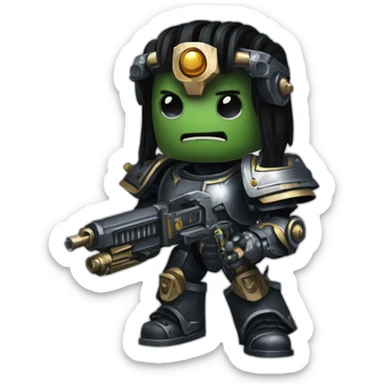 warhammer 40k chaos armor, black hair, jaw made from metal, holding a bolt gun sticker