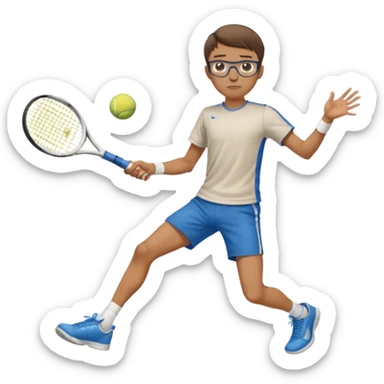 homme l'air cool taille moyenne corpulence maigre cheveux chatain court yeux bleus lunettes photo de pieds en pantalon qui fait du tennis sticker