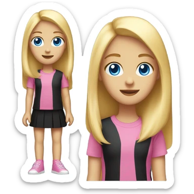 girl with long straight blonde hair, blue eyes, she wear so much make-up, has a pink t-shirt and a black skirt sticker