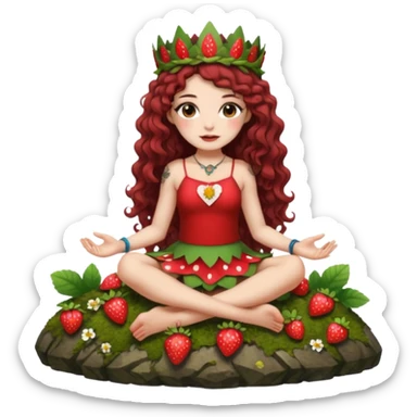 full body woman long curly brown hair brown eyes white skin tattoos sitting on moss rock wearing strawberry crown and short petal skirt sticker